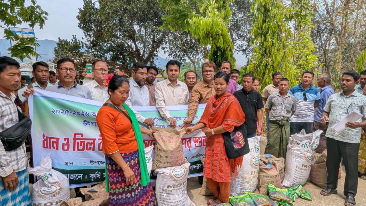 থানচিতে বিনামূল্যের আউশ ধান-তিল বীজ, সার পেল ৯শত কৃষক-কৃষানি