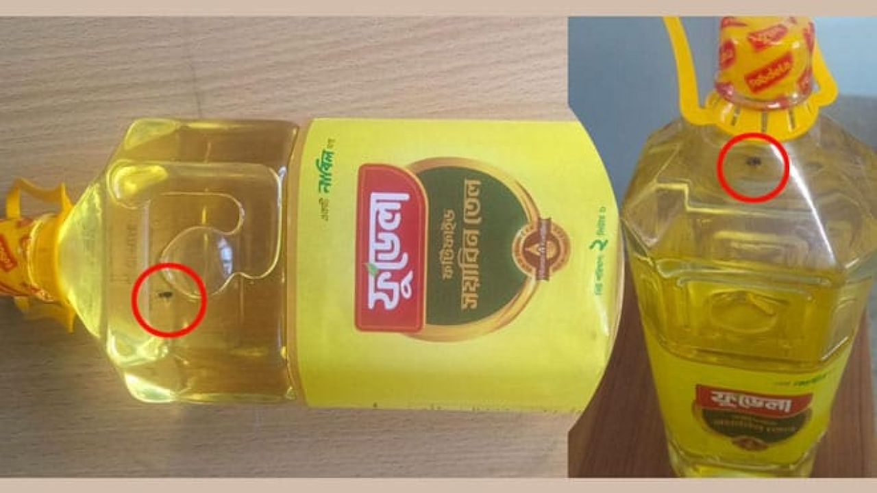 সোয়াবিন তেলের বোতলের ভিতর মাছি